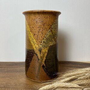 Brown Pottery Vase or Utensil Crock, Vintage speckled pottery